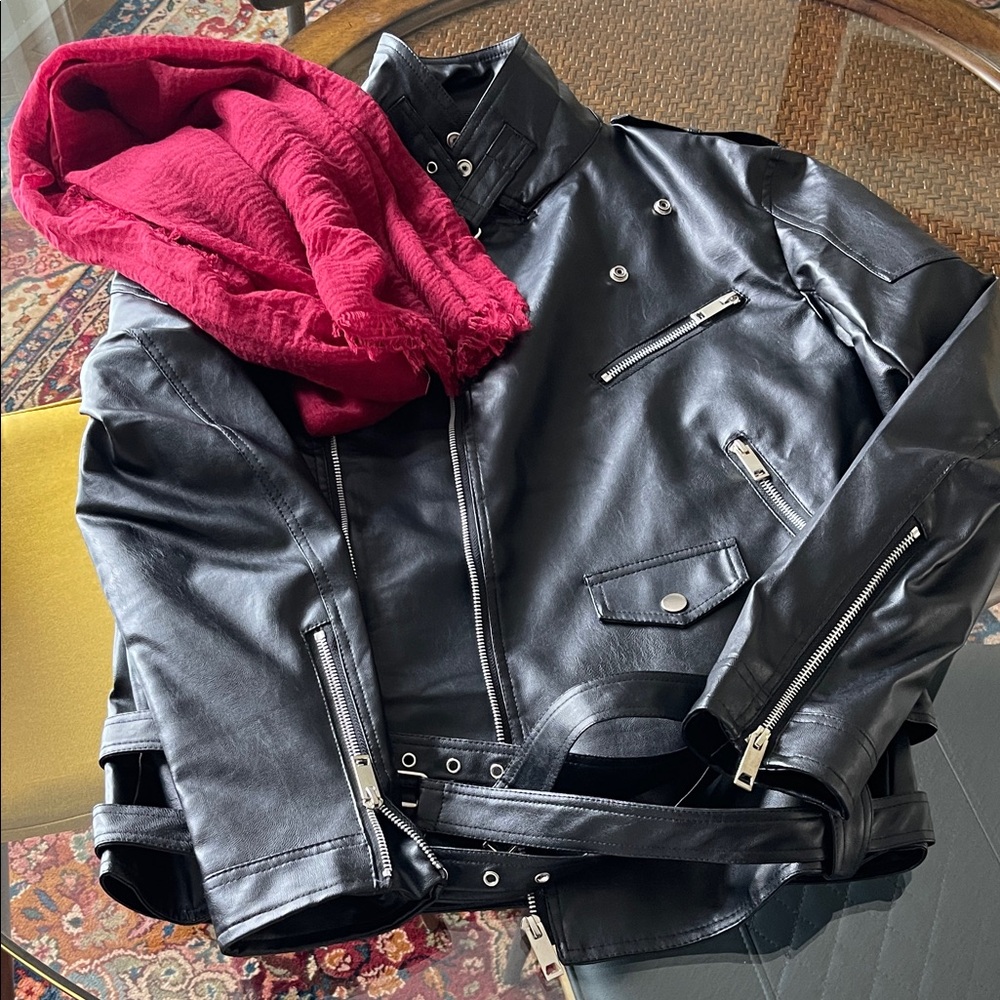 Negan costume Black Leather Jacket with Red scarf The Walking Dead sz M